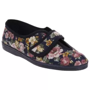 Image of Sleepers Womens/Ladies Wilma Touch Fastening V Opening Floral Casual Cotton Slippers (9 UK) (Navy Blue)