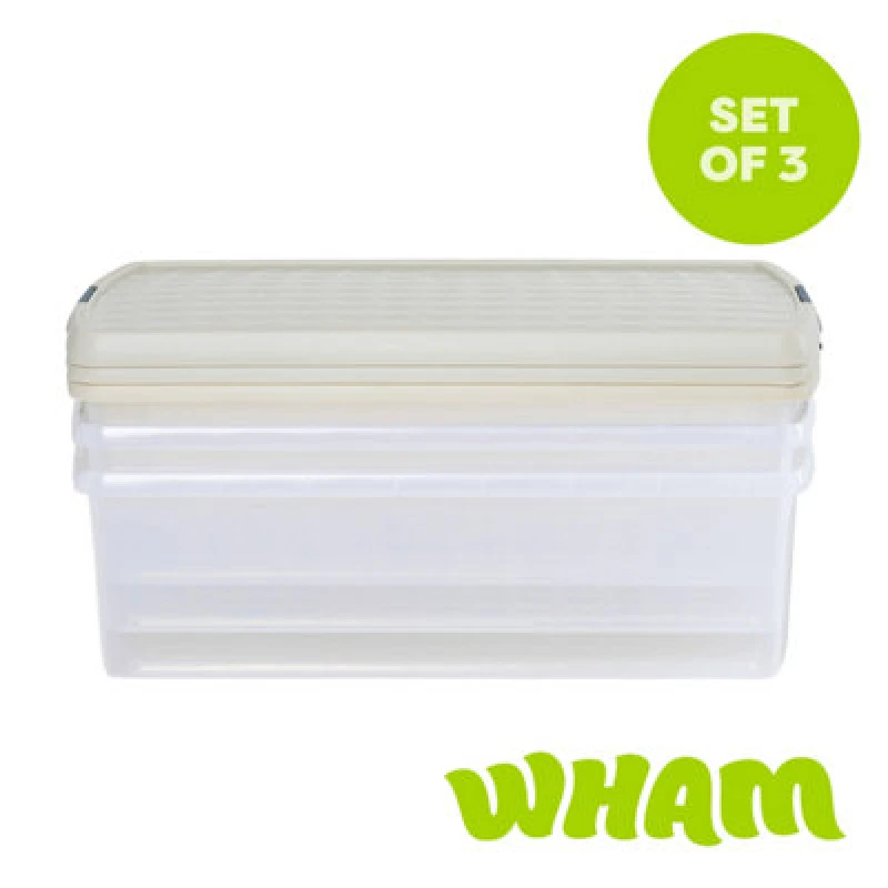 Image of Wham Clip 3X 30L Rectangular Plastic Storage Boxes With Clip Lock Lids. Ideal For Home, Office, Toys & More - Clear/stone