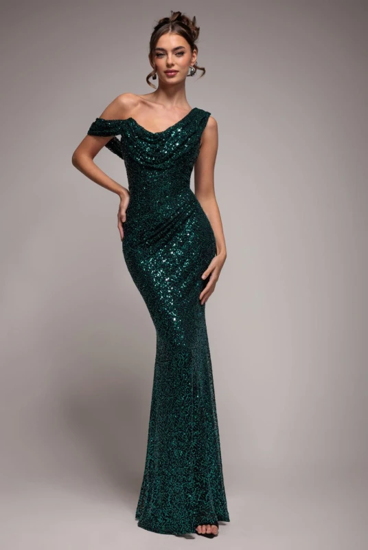 Image of Goddiva Womens Sequin Cowl One Shoulder Maxi Dress in Emerald Size: 14 Emerald Female 14