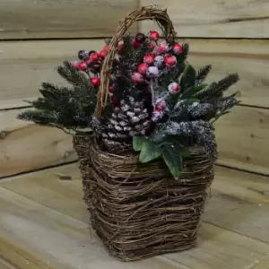 Image of 30cm Decorative Festive Snow Effect Christmas Basket with Berries & Pine