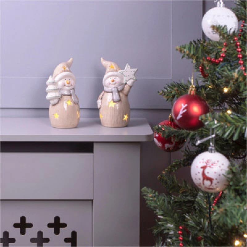 Image of Netagon Netagon Festive Christmas Ceramic Light Up Snowmen Decoration Ornaments - Pair Off White