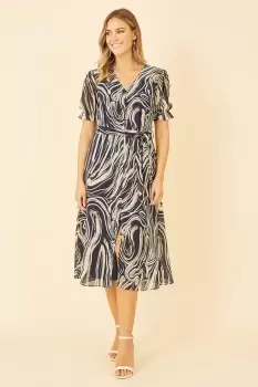 Navy Swirl Print Midi Tea Dress With Split Hem