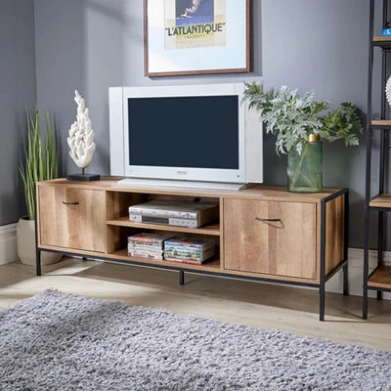 Image of Home Source Oakmere 2 Door Modern Industrial TV Stand Storage Unit Natural