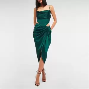 Missguided Satin Pleated Ruched Midi Skirt - Green