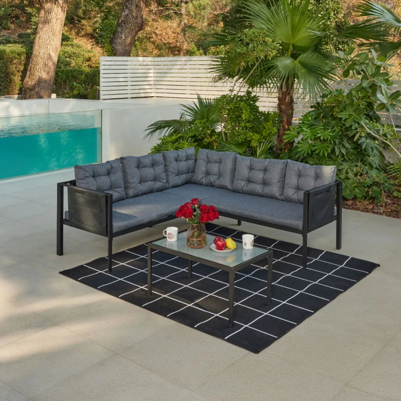 Image of Home Detail Tara Black L-Shape Garden Sofa Set with Grey Cushions Black Unisex