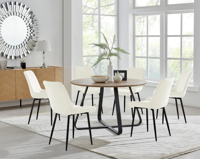 Image of FurnitureboxUK FurnitureboxUK Santorini Brown Round Dining Table And 6 Pesaro Black Leg Chairs in Cream Cream One Size Unisex 5056542640292
