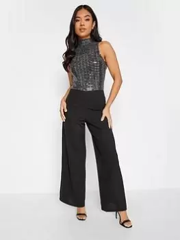 image of PixieGirl Petite Sequin Halter Jumpsuit, Black, Size 14, Women