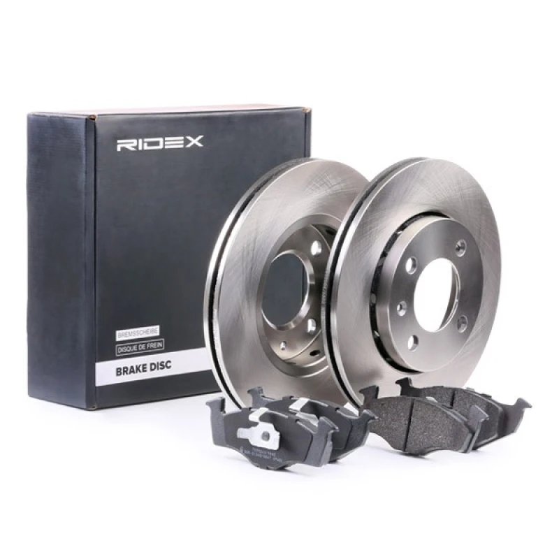 Image of RIDEX 3405B0019 Brake disc and pads set Front Axle, Brake Disc Type: Vented, excl. wear warning contact Brake Set,disc brakes (3405)