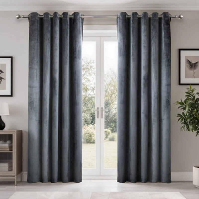Image of Emma Barclay Dusk Blackout Velvet Eyelet Curtains, Charcoal - 46 X 54" Pair