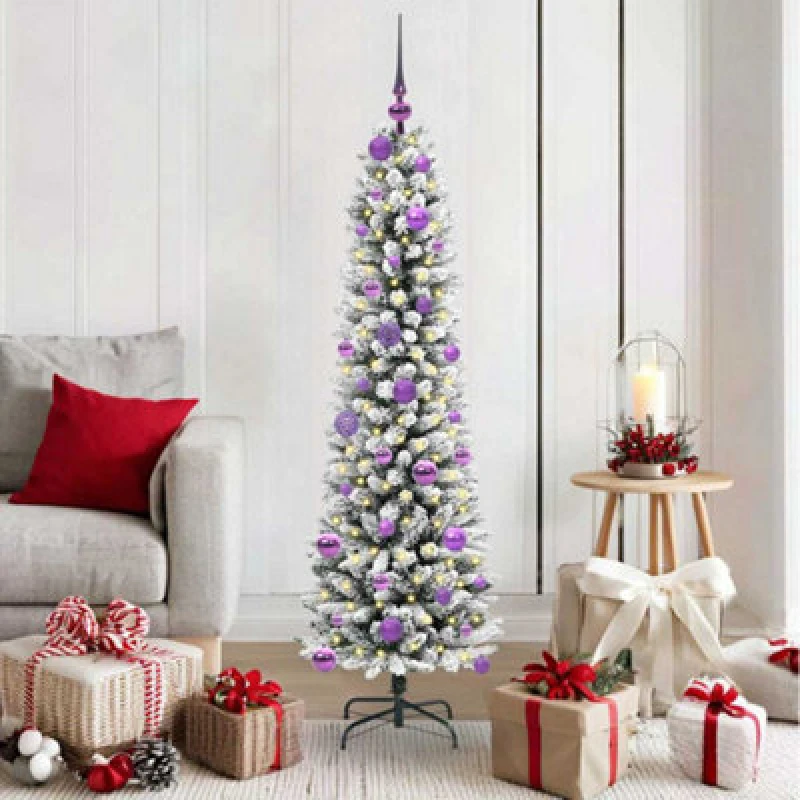 Image of vidaXL Artificial Christmas Tree with 150 LEDs, Lilac Balls Green and white 150 cm, Green 3396099