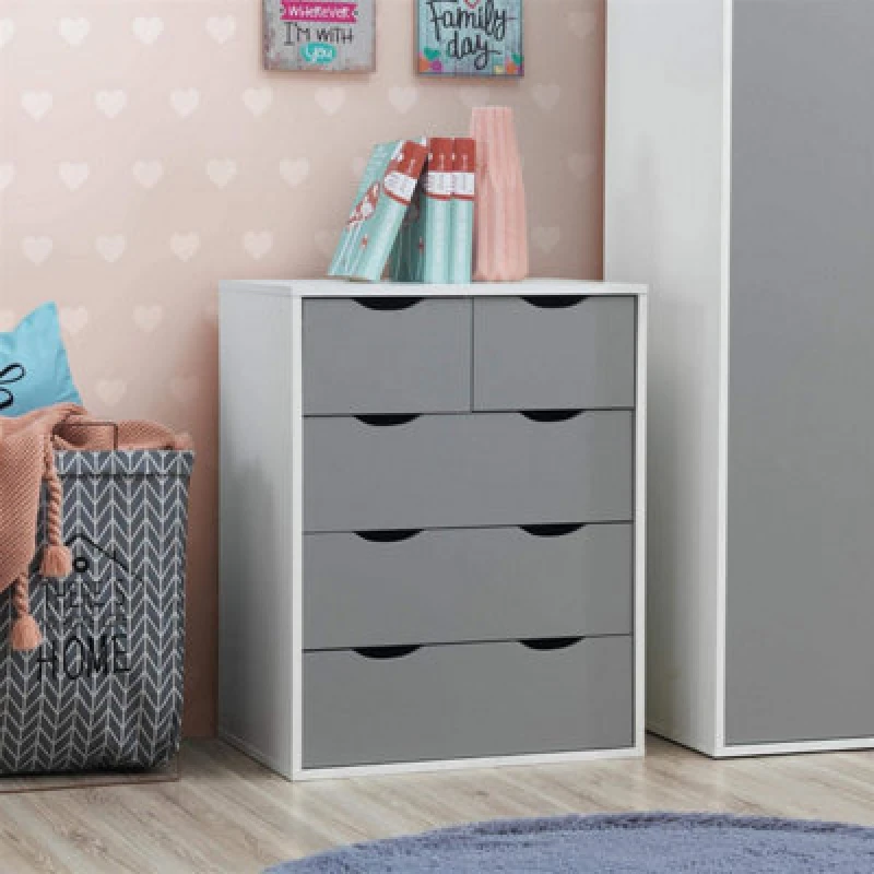 Image of Timber Art Design Alton 3+2 Drawer Bedroom Cabinet Bedside Chest Of Drawers White & Grey