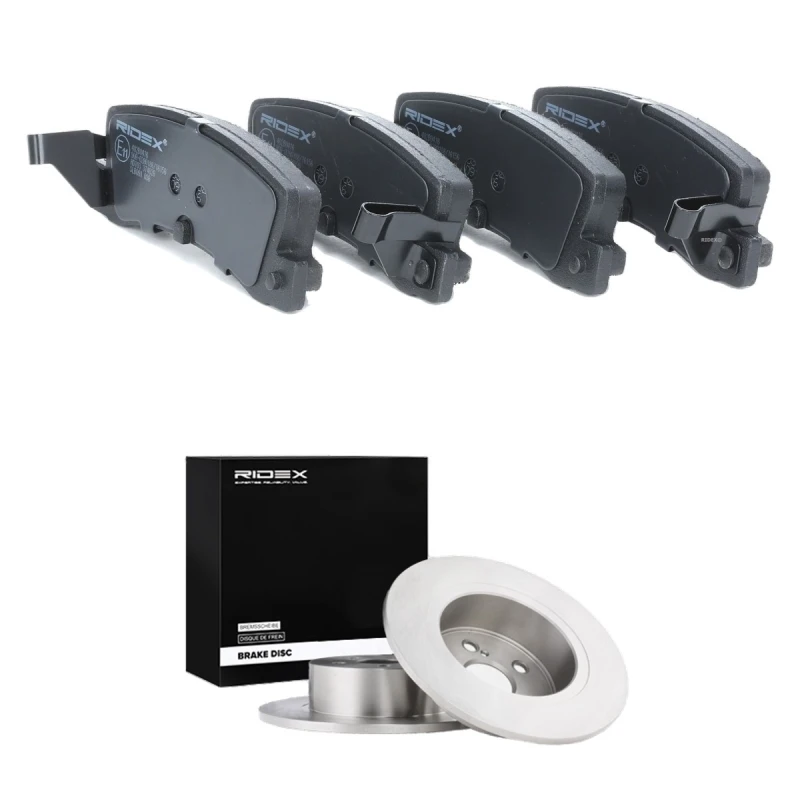 Image of RIDEX 3405B2285 Brake disc and pads set Rear Axle, Brake Disc Type: Solid, with acoustic wear warning Brake Set,disc brakes (3405)