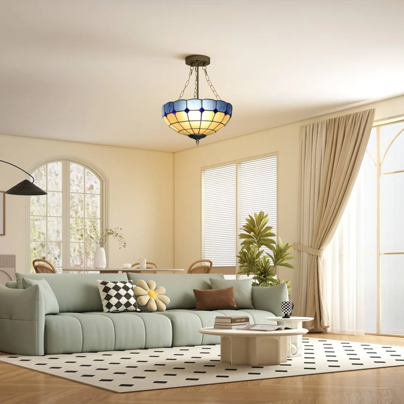 Image of HOMCOM Ceiling Light, Vintage Tiffany Style Chandelier with Sockets in Blue Blue Unisex