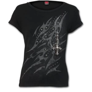 Image of Triball Chain Boatneck Cap Sleeve Womens Small Short Sleeve Top - Black