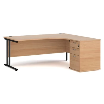 image of Office Desk Right Hand Corner Desk 1800mm With Pedestal Beech Top With Black Frame Maestro 25