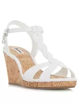 Image of Dune London Wide Fit Koala Leather Plait T Bar Wedge Sandal - White, Size 36, Women