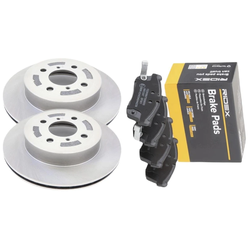 Image of RIDEX 3405B3044 Brake disc and pads set Front Axle, Brake Disc Type: internally vented, incl. wear warning contact Brake Set,disc brakes (3405)