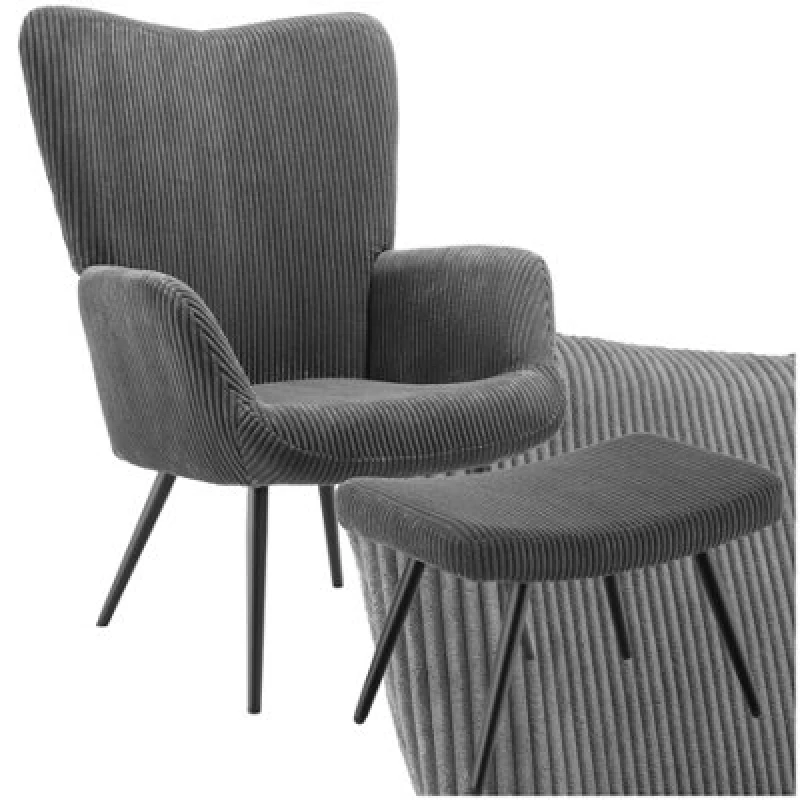 Image of Tectake 1 Armchair Hygge - Padded, Armrests And Ergonomic Backrest, 150 Kg Load Capacity With Stool - Wide Cord Anthracite/black