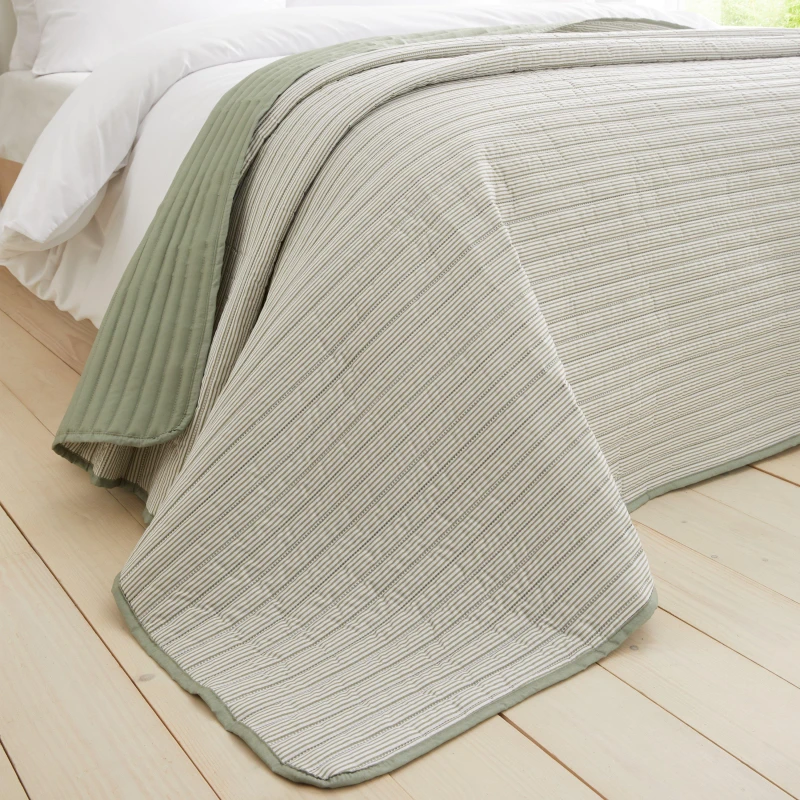 Image of Catherine Lansfield 'Stripe' Quilted Reversible Bedspread Green
