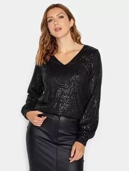 Image of Long Tall Sally Black Sequin V Neck Top, Black, Size 10, Women