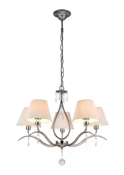 image of Talia Chandelier Nickel, 5 Light with White Tapered Shades, E14