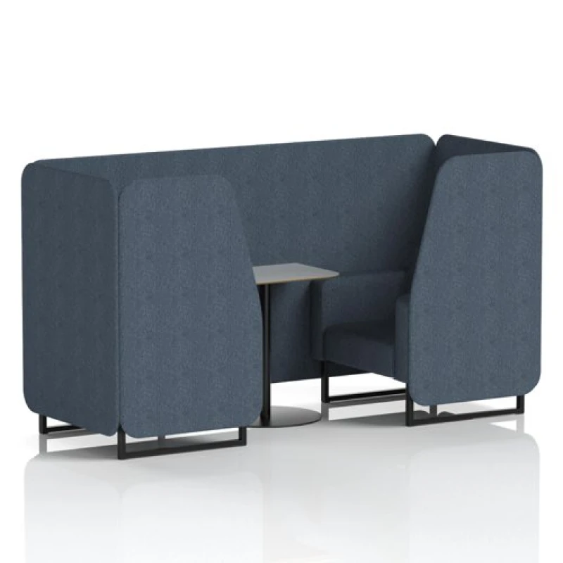 Image of Brixworth 2 Seater Office Booth with Front Panel - Black Legs and Grey Table with Black Leg in Rivet Fabric - Crucible Panels and Sofa