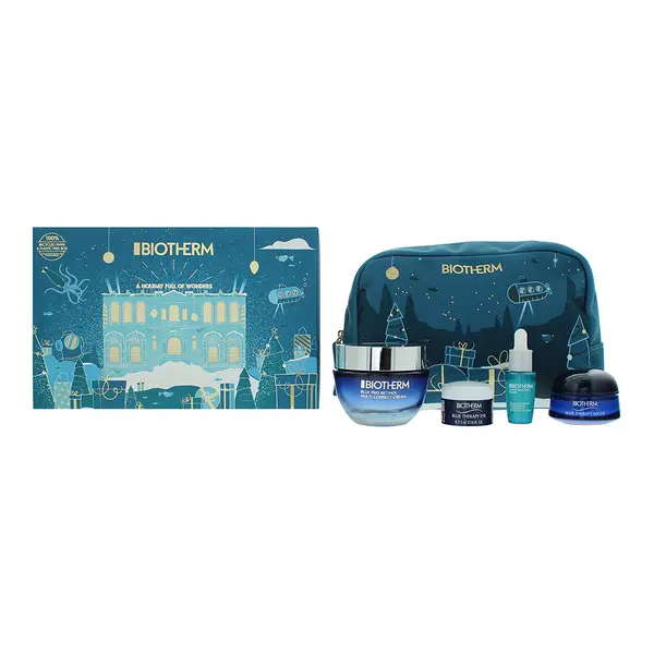 image of Biotherm Blue Therapy 4 Piece Gift Set: Pro-retinol Cream 50ml - Plankton Elixir Serum 7ml - Eye Cream 5ml - Night Cream 15ml + Pouch