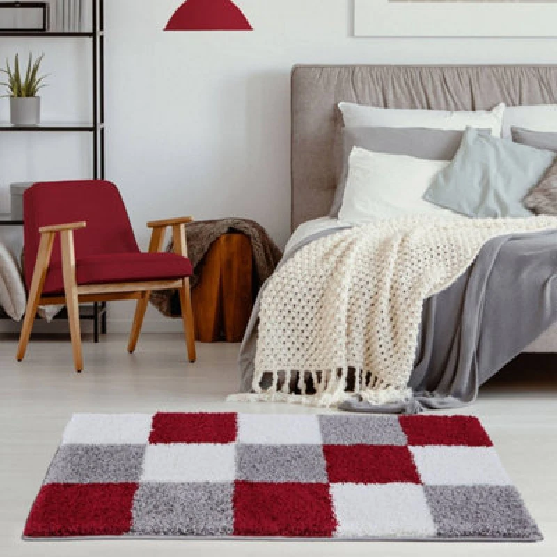 Image of THE RUGS Fluffy & Soft Shaggy Rugs Living Room Rug in Red - Elegant Geometric Design Carpets For Bedrooms & Kitchen 381 Size: 80cm x 150cm Red U