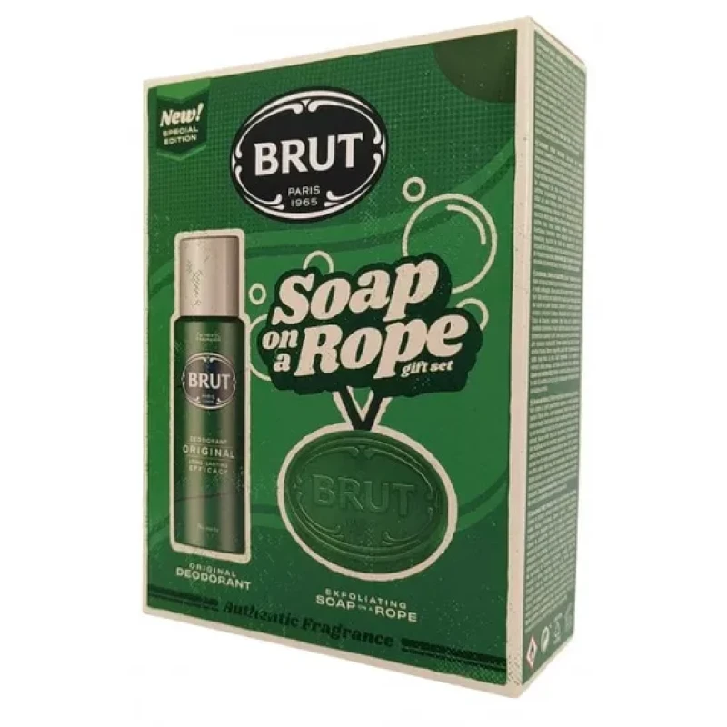 Image of Brut Gift Set 200ml Deodorant Spray + 150g Soap on a Rope