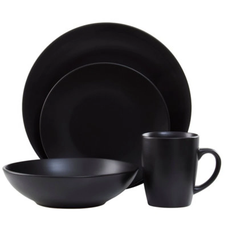 Image of Orsina 16 Piece Dinner Set, Modern Black Stoneware Dinner Set, 16 Piece Elegant Black Dinner Set For Four Diners