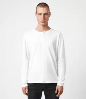 Image of AllSaints Mens Figure Long Sleeve Henley, Optic White, Size: L