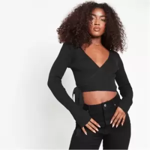 image of Missguided Rib Wrap Front Knit Crop Top - Black