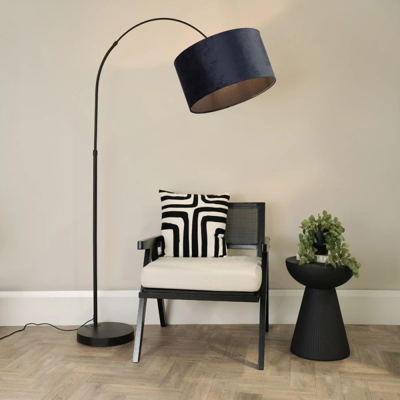 Image of ValueLights Louis Black Arched Curved Floor Lamp with Velvet Drum Lamp Shade and LED Bulb Navy