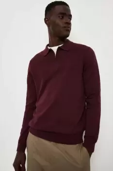Image of Mens Pure Cotton Burgundy Textured Panel Zip Up Knitted Polo Shirt