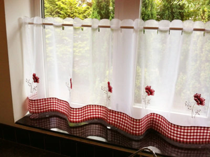 Image of Alan Symonds Poppy Floral Checked Kitchen Voile Curtain Cafe Panels Red unisex