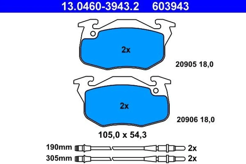 Image of ATE 13.0460-3943.2 Brake pad set incl. wear warning contact Brake Pad Set,disc brake (402)