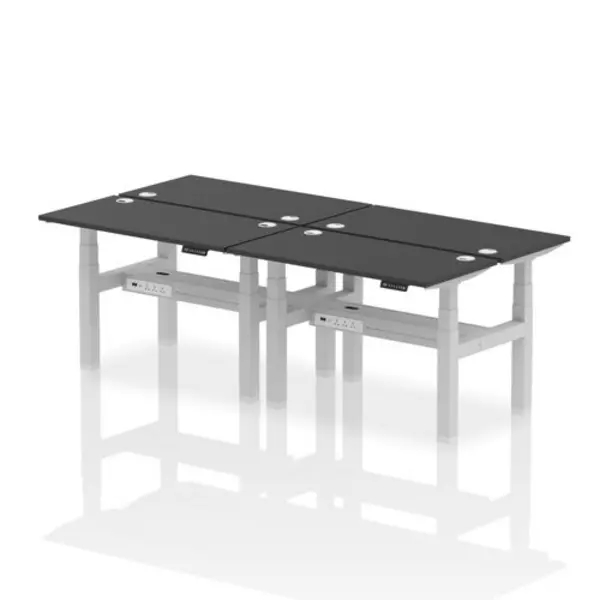 Image of Air Air Back-to-Back 1200 x 600mm Height Adjustable 4 Person Bench Desk Black Top with Cable Ports Silver Frame HASCP4P12600BLKS