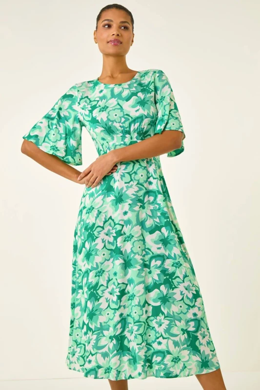 Image of Roman Womens Floral Print Angel Sleeve Midi Dress in Light Green Size: 14 Light Green Female 14
