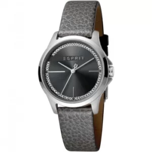 image of Esprit Joy Womens Watch featuring a Grey Leather Strap and Black With Stones Dial