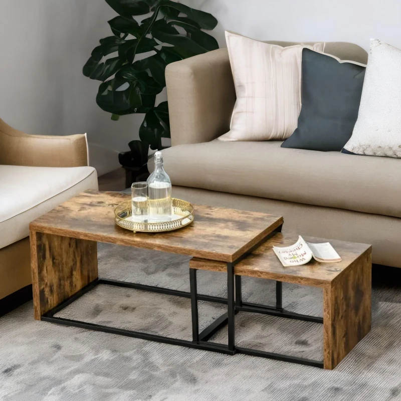 Image of Rafaelo Mobilia Set Of 2 Nesting Tables Industrial Rustic Brown in Dark Brown Dark Brown Unisex