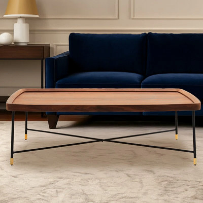 Image of Orsina Coffee Table With Black Cross Metal Legs, Walnut Veneer Rectangular Top With X Frame Support, Centrepiece