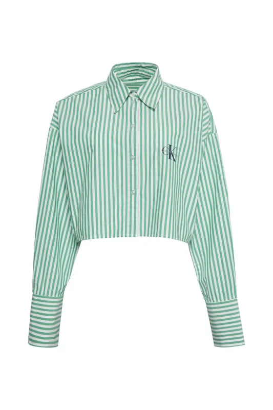 Image of Calvin Klein Mens Cropped Poplin Shirt Penny Stripe Mardi Gras Green Size: XS Green Male XS