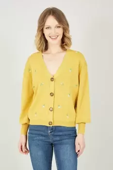 Image of Mustard Knitted Embroidered Daisy Cardigan