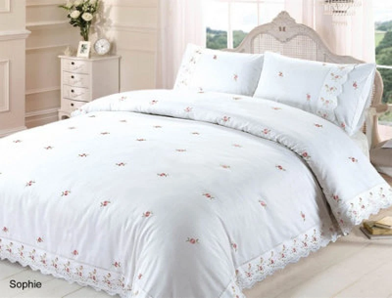 Image of RAPPORT HOME Sophie Duvet Quilt Cover Floral Lace Trim Embroidered Bed Set, Polyester-Cotton, White, King 5027491576659