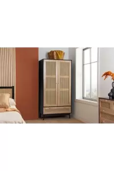 image of Croxley 2 Door 1 Drawer Rattan Wardrobe Black