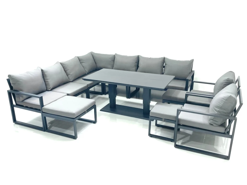 Image of Fimous 12 Seater Outdoor Aluminum Garden Furniture Set Corner Sofa 2 Chair 3 Footstools Adjustable Rising Lifting Dining Table Sets Dark Grey Dark Gre