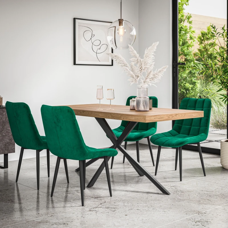 Image of More4Homes Donni Dining Table And Chairs - Oak Effect Table Top W Black Legs + Nova Velvet Dining Chair Set Of 4 (Green)