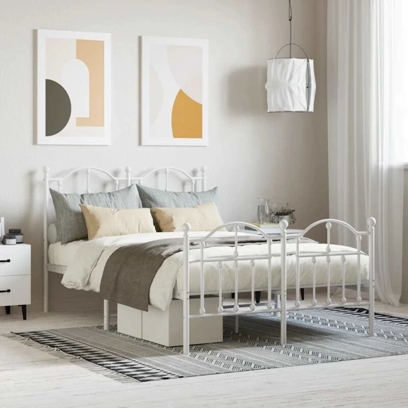 Image of Vidaxl Metal Bed Frame Without Mattress With Footboard White 120X190 Cm Small Double, White 353503