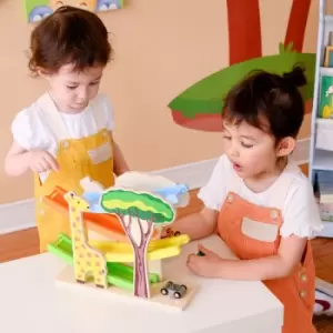Image of Teamson Kids Preschool Wooden Car Ramp Racer Toy Click Clack Racetrack Garage With 4 Safari Cars PS-T0007 - Multi