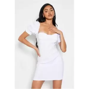 Image of I Saw It First White Bengaline Bardot Puff Sleeve Ruched Bodycon Dress - White